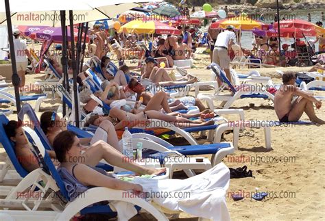 Beaches Sandy Swimming Golden Bay Tourists People Sunbathing Malta Photos