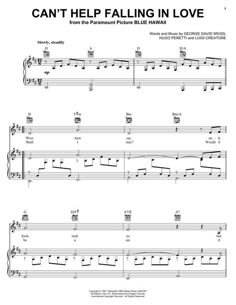 can t help falling in love sheet music by elvis presley piano vocal and guitar right hand