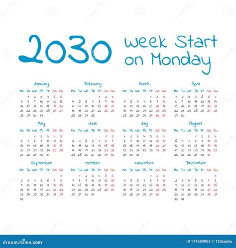 Simple 2030 Year Calendar Vector Illustration