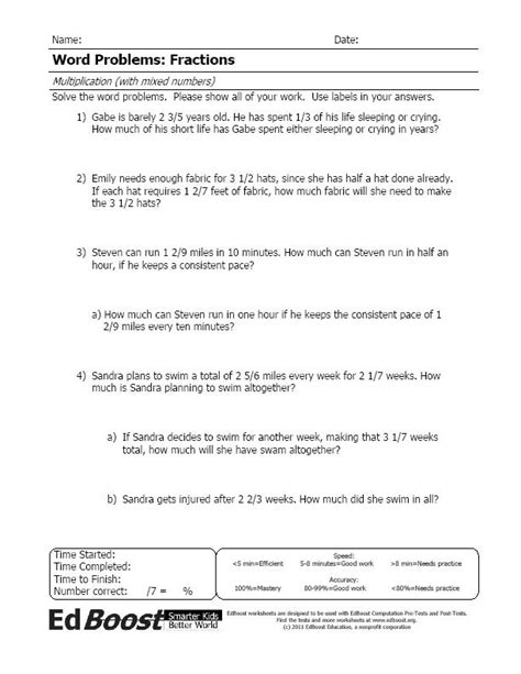 Word Problems With Multiplying Mixed Numbers Worksheet