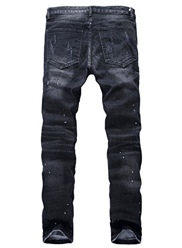 Mens Zipper Deco Stretch Jeans With Broken Hole 38 Black Frenzystyle