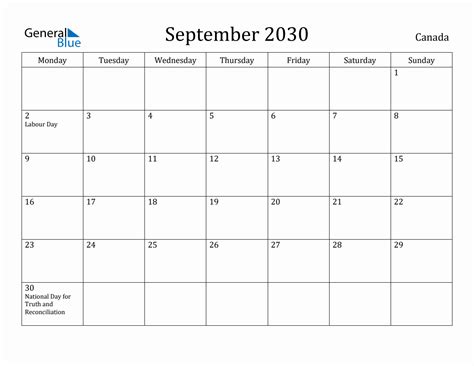 September 2030 Canada Monthly Calendar With Holidays