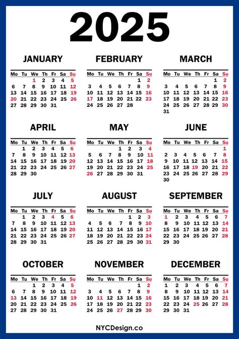 2025 Calendar With Us Holidays Printable Free Blue Red Monday