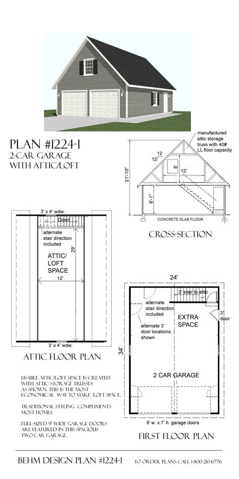 We also share an information about log cabin floor plans with loft and basement. 2 Car Steep roof Garage Plan with Storage 1224-1 24' x 34 ...