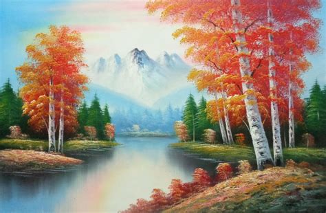 Autumn Colors Along A Small River Oil Painting Landscape