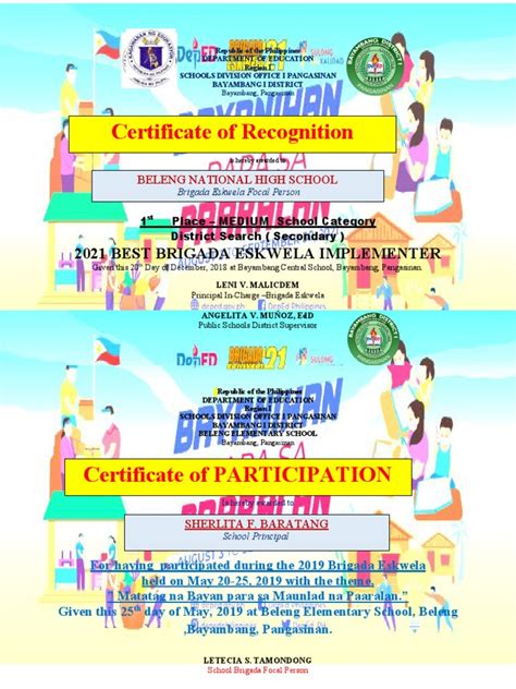 Certificate Of Recognition 2021 Best Brigada Eskwela Implementer Pdf