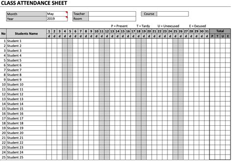 Class Attendance Sheet Printable