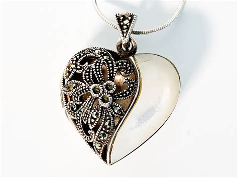 Vintage Sterling Silver Mother Of Pearl Heart Locket Marcasite And Mother Of Pearl Latticework
