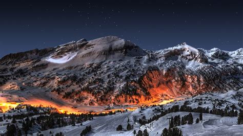 Mountains Landscapes Snow Night Fire Art Photography Skyscapes Hd