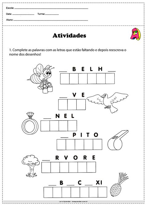Atividade De Alfabetizacao Complete As Palavras Com As Letras Que Images