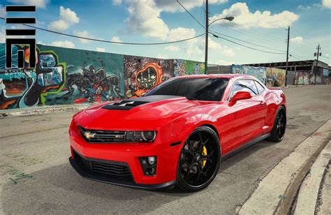 Red Chevy Camaro Zl1 On Black Custom Wheels By Exclusive Motoring Chevy