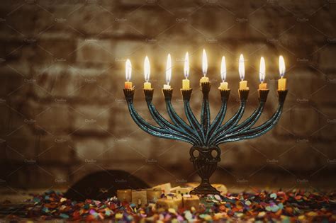 Jewish Hanukkah Menorah Candles High Quality Holiday Stock Photos