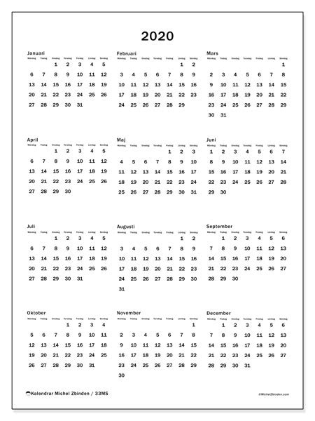 Översiktlig årskalender för 2021, datumen visas per månad inklusive veckonummer. Årskalender 2020 - 33MS - Michel Zbinden SV