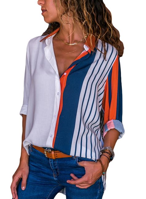 Orange Women's Striped Long Sleeve Turn-Down Collar Loose Button Down 