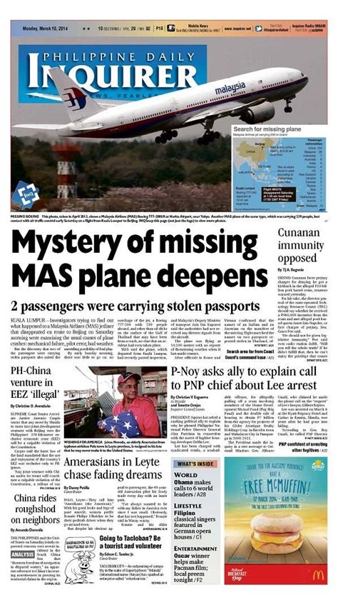 Mystery Of Missing Mas Plane Deepens Todays Inquirer Banner Story