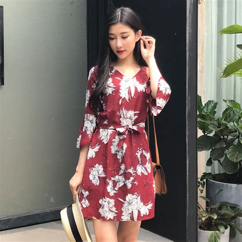Buy Missy 2018 Korean Style Summer New V Collar Vintage Print Floral