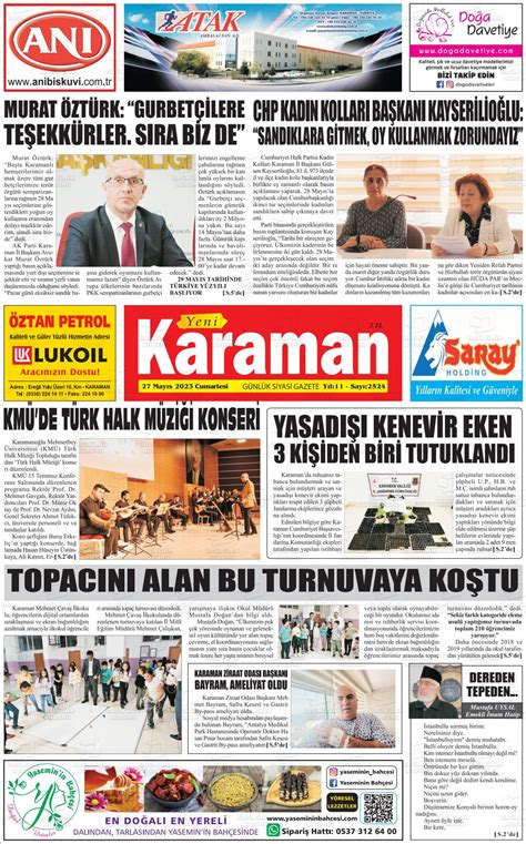 27 Mayıs 2023 tarihli Yeni Karaman Gazete Manşetleri
