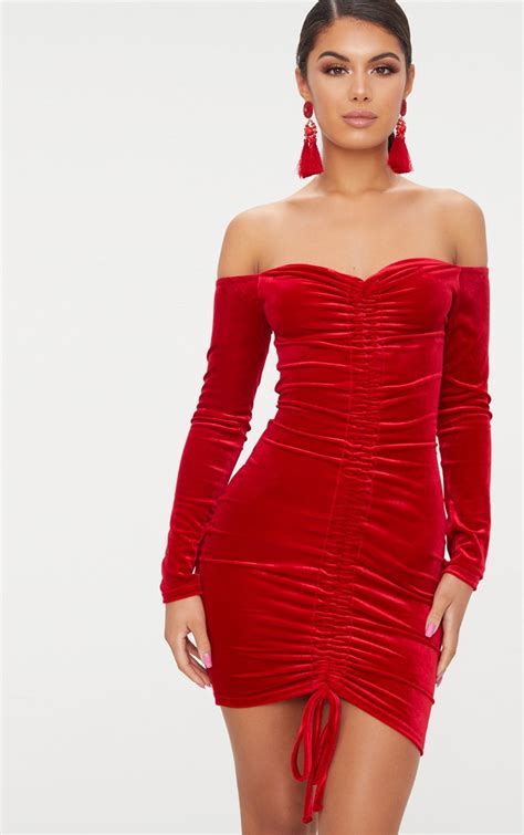 Red Velvet Bardot Long Sleeve Ruched Bodycon Dress Prettylittlething
