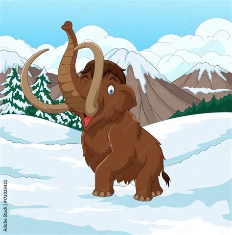 Cartoon Woolly Mammoth Walking Through A Snowy Field Stock Vector