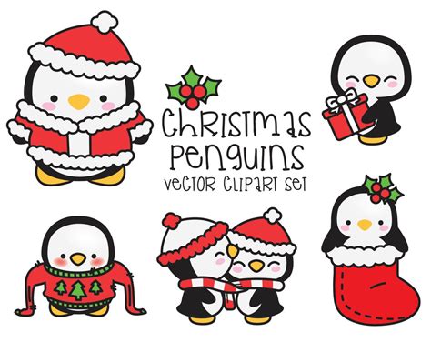 Premium Vector Clipart Kawaii Christmas Penguins Cute Etsy Kawaii