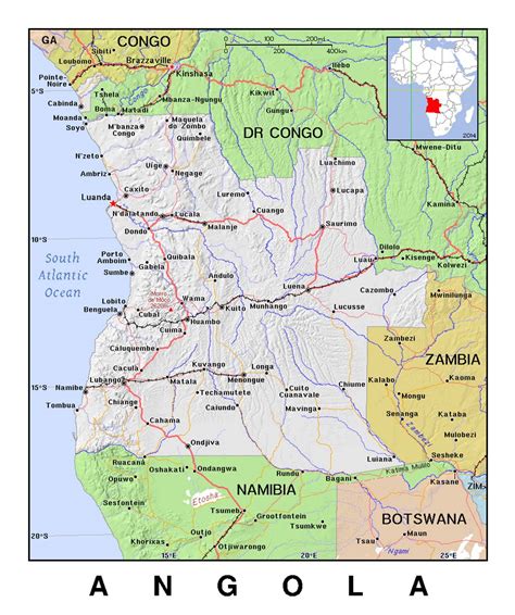 Angola is located on the west coast in the southern region of africa. Detailed political map of Angola with relief | Angola ...