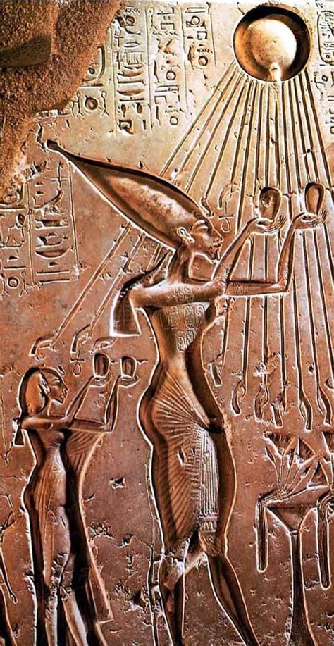 King Akhenaten And His Wife Nefertiti Praying To The Sun God Aten Who Provided His Rays To The