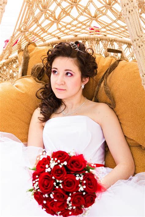 Beutiful Bride White Dress Holding Wedding Bouquet Red Roses Stock