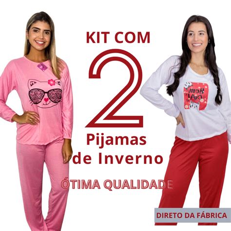 Kit Com 2 Pijama Longo Fechado Feminino Manga Comprida Inverno Pijama De Inverno PreÇo De