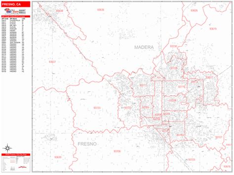 Fresno California Zip Code Wall Map Red Line Style By Marketmaps