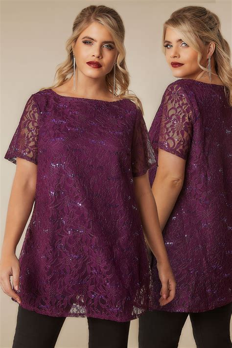 Dark Purple Lace Shell Top With Sequin Details Plus Size 16 To 36
