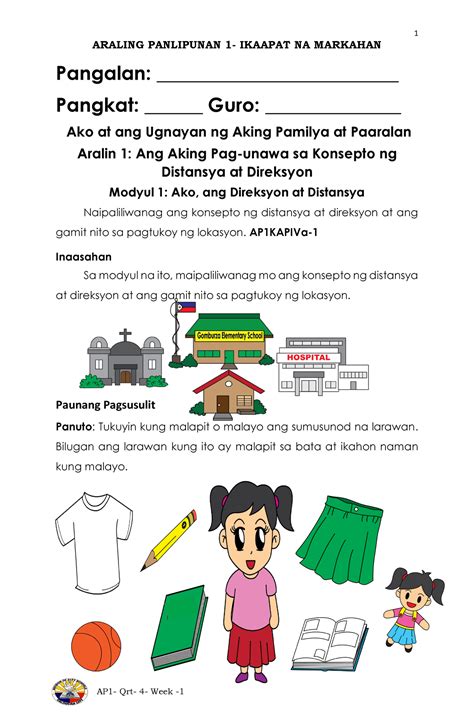 Araling Panlipunan Grade 1 Pagpapaliwanag Ng Konsepto Ng Distansiya At