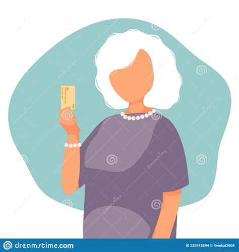 Elderly Woman Holds Debit Card In Her Hand Stock Vector Illustration