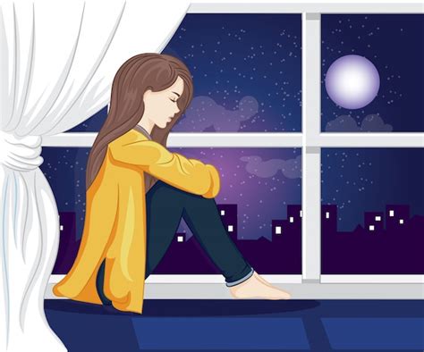 Premium Vector Lonely Girl Look Out The Window On The Night Illustration