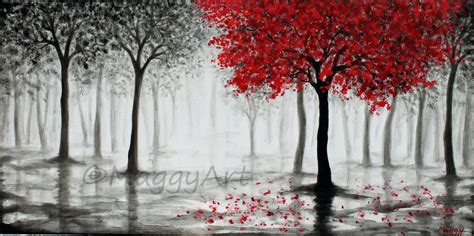 Red Tree Paintingwall Artoffice Home Decormisty Foresttree Etsy