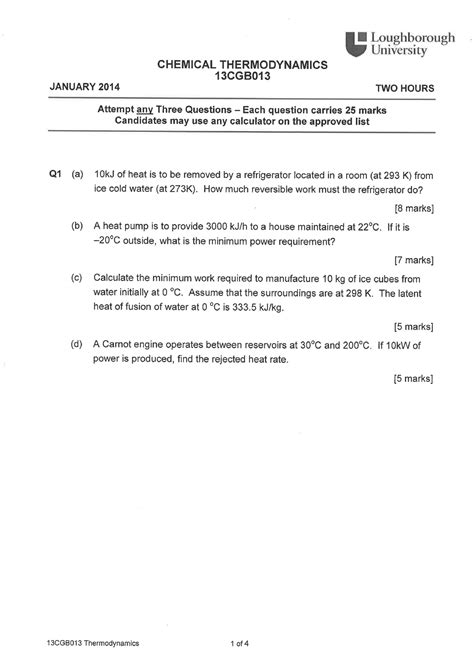 Thermodynamics Ii Exam Questions I Loughbomugh University Chemical