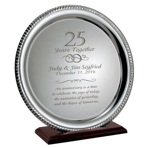 Personalized 25th wedding anniversary gifts large clock. Silver 25th Anniversary Personalized Plate on Wood Base
