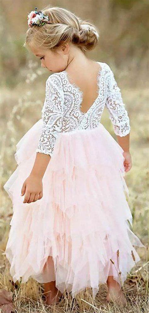 Ivory Lace Top Blush Pink Ruffle Tulle Half Sleeve Flower Girl Dresses