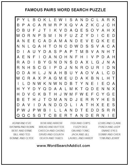Famous Pairs Printable Word Search Puzzle Word Search Addict