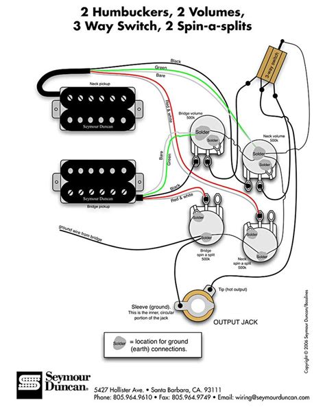 I want to wire my own diy guitar, with a hb and sc with a volume for each, a tone and the output. Seymour Duncan wiring diagram - 2 Humbuckers, 2 Vol, 3 Way, 2 Spin-a-Splits | Guitar pickups ...