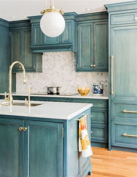 Get Inspired By This Gorgeous Brass And Blue Kitchen White Granite