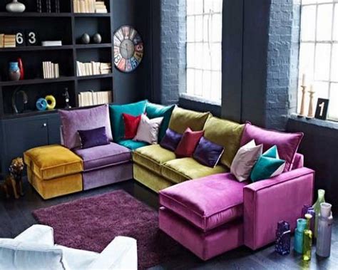 Couches and chairs isolated cartoon objects on. Cool Multi-colored sectional sofa with colorful pillows ...