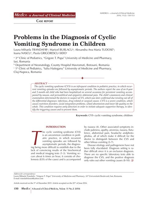 Pdf Problems In The Diagnosis Of Cyclic Vomiting Syndrome In Children