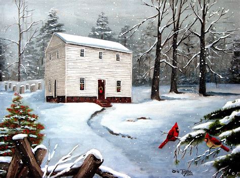 Christmas Winter Scene With Cardinals Folk Art Print Old Etsy In 2020