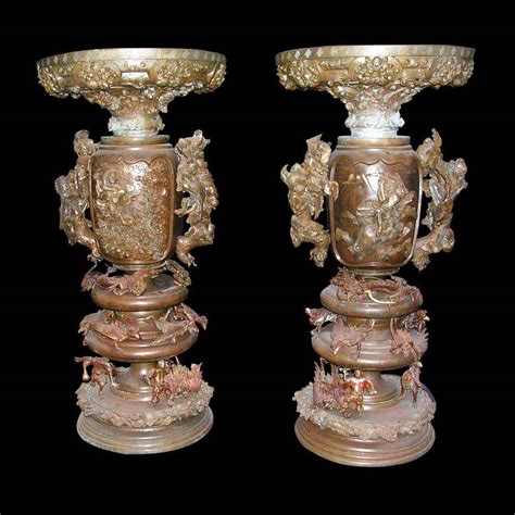 Pair Of Highly Ornate Bronze Japanese Urns Olde Good Things