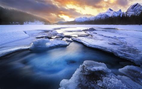 Winter Snow Ice Lake Mountains Forest Sunset