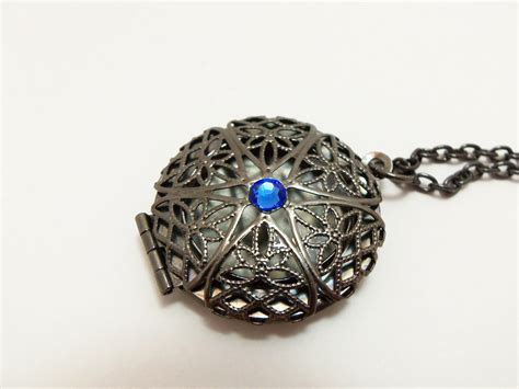 Gothic Locket Victorian Jewelry Dark Silver Antique Style Necklace Blue