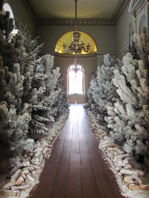 The Hallway Is Lined With Snow Covered Trees And Rocks In Front Of A Chandelier