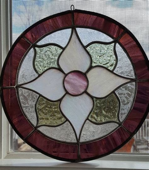 Pink And Purple Stained Glass Flower In Circle Frame Is Etsy