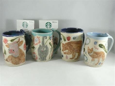Buy Hand Made Four Coffee Mugs Set Artistic Carved And Glazed Ceramic
