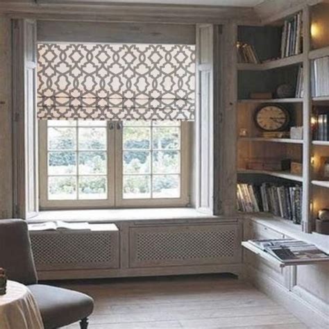 If your window is framed in wooden molding, make sure to include it in your faux roman shade. Lined Faux Roman Shade Grey/ Natural Geometric Trellis Mock